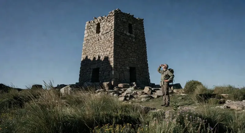 Hiker beside an ancient nuraghe stone tower in the Sardinian highlands — Bronze Age archaeological site against a deep blue sky