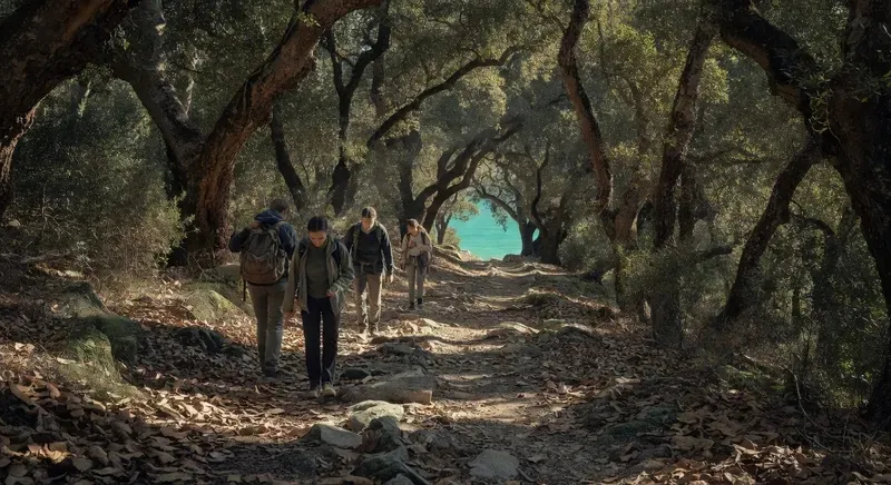 Small group of hikers on a shaded woodland trail in Sardinia — cork oak trees and filtered afternoon light on a guided day hike