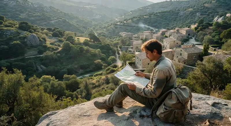 Hiker on a flat rock overlooking a Sardinian valley — traditional Barbagia village visible far below on a guided sardinia hiking tour