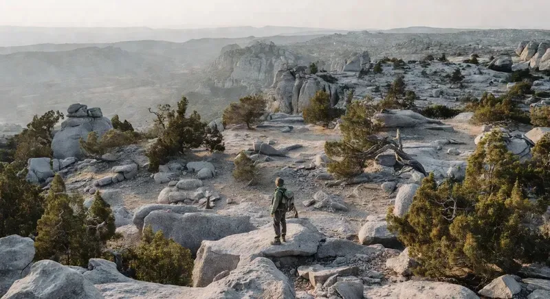 Solo hiker on the Supramonte plateau in Sardinia — vast limestone karst landscape and ancient juniper trees in the Gennargentu region