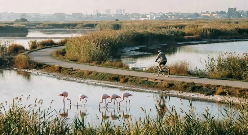 Cyclist riding through Molentargius Natural Park beside pink flamingos on a guided sardinia cycling tour from Cagliari