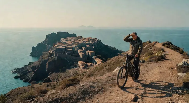 E-bike riders at the summit of Monte Ossoni overlooking Castelsardo and the northern Sardinia coastline on a panoramic sardinia cycling tour